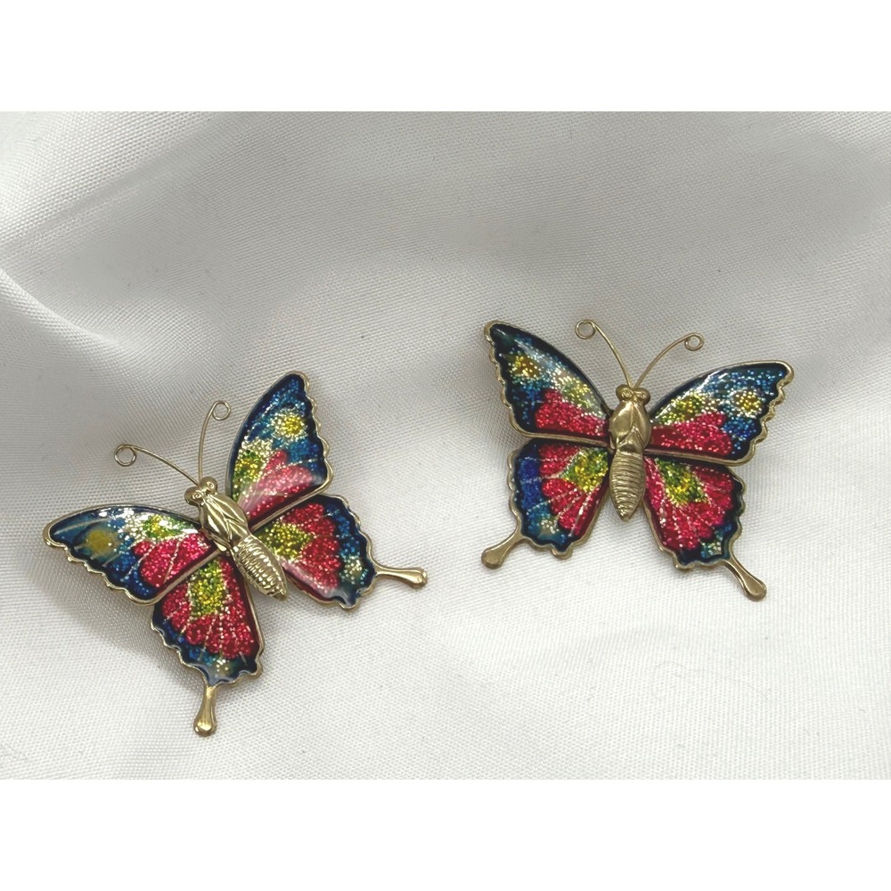 Vintage Style Gold Tone Butterfly Cloisonne Enamel Glitter Brooches